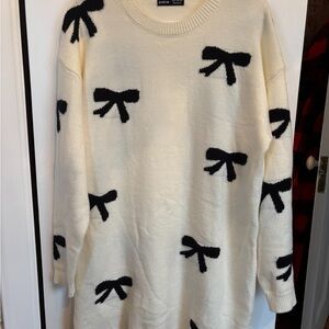 SHEIN Cream Sweater Dress with Black Bow Knit